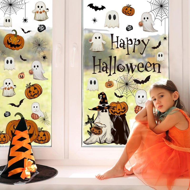 Whaline 6 Sheets Halloween Window Clings Vintage Ghost Evil Pumpkin Bat Reusable Window Decals for Halloween Fall Party Supplies Home Glass Decor - Image 3